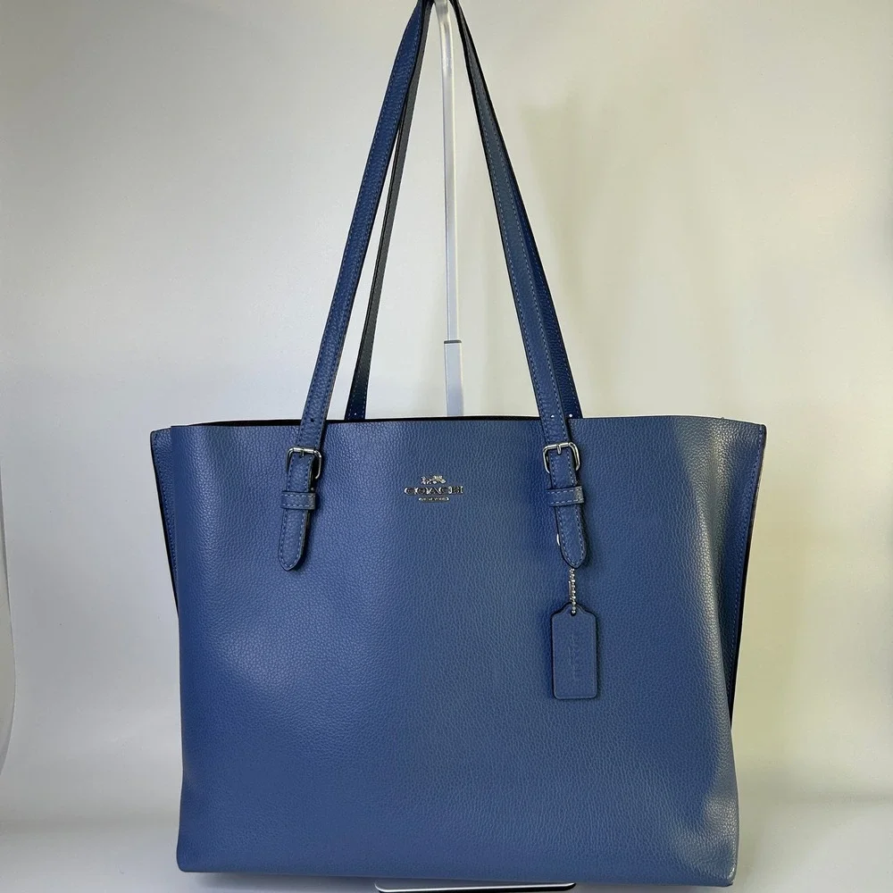 Coach Mollie Tote Stone Blue Pebbled Leather Bag Good